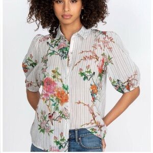 Floral Stripe Puff-Sleeve Button-Down Shirt - White/Pink